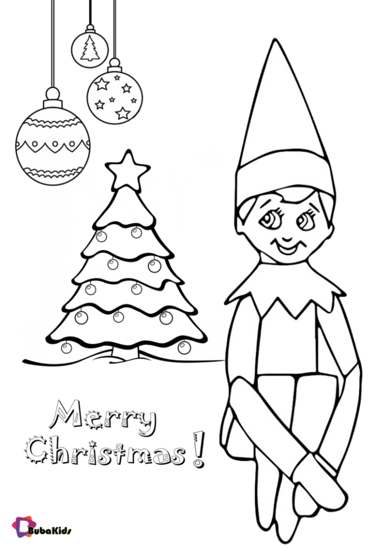 The elf on the shelf and christmas decorations coloring page | BubaKids.com