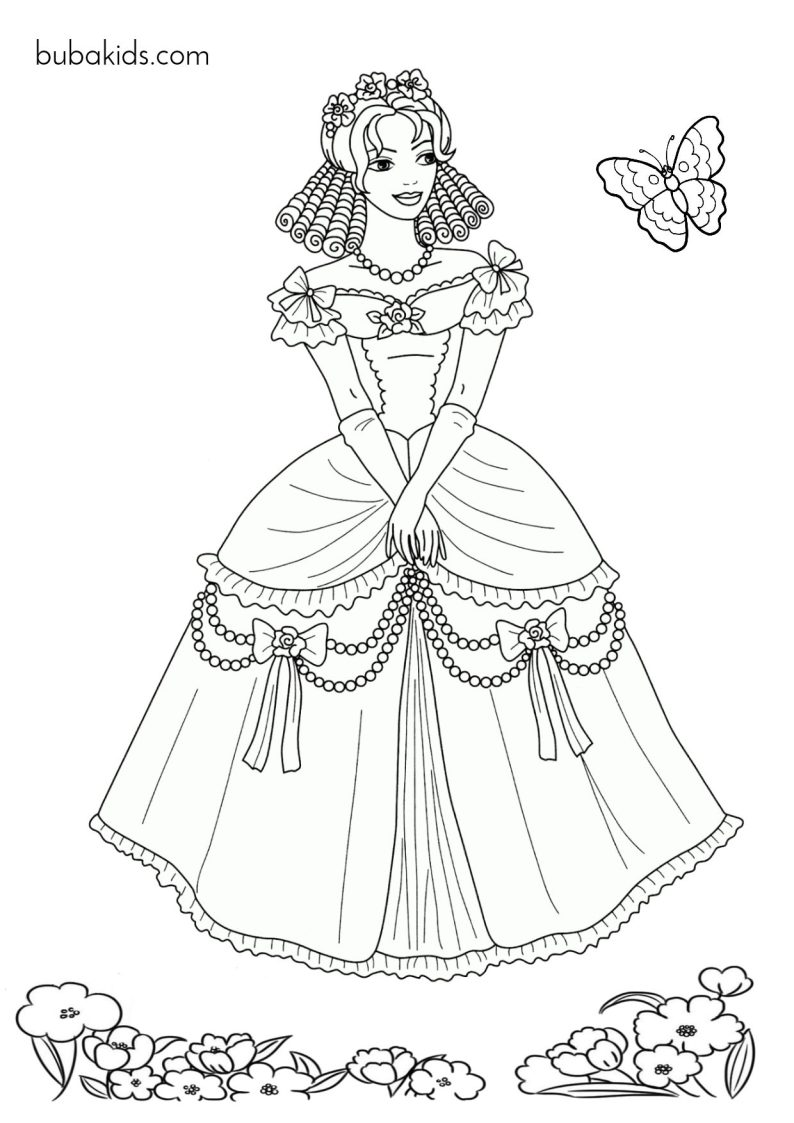 Beautiful princess with adorable curly hair coloring page BubaKids com