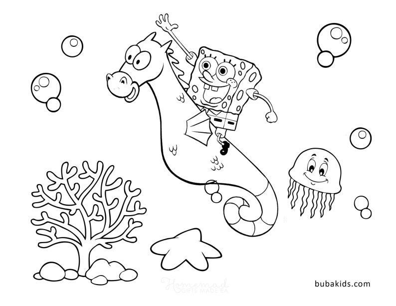 Free printable Summer coloring pages SpongeBob riding seahorse BubaKids com