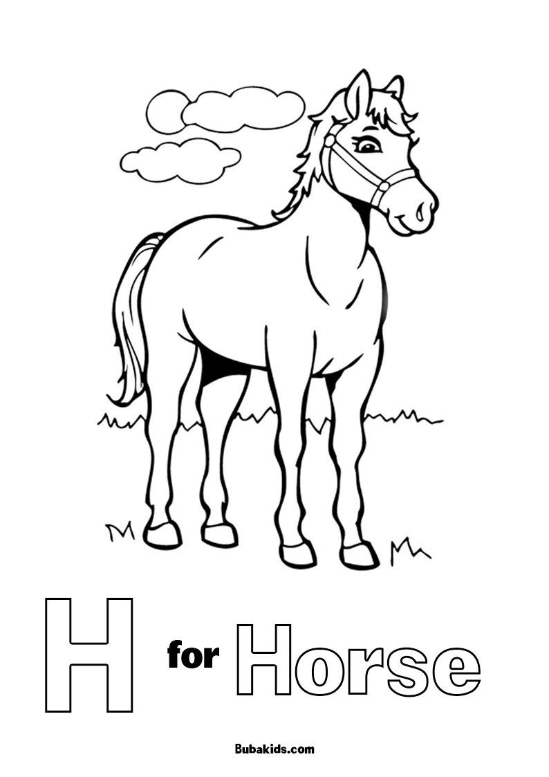 H for Horse Animal coloring page for creative kids BubaKids com