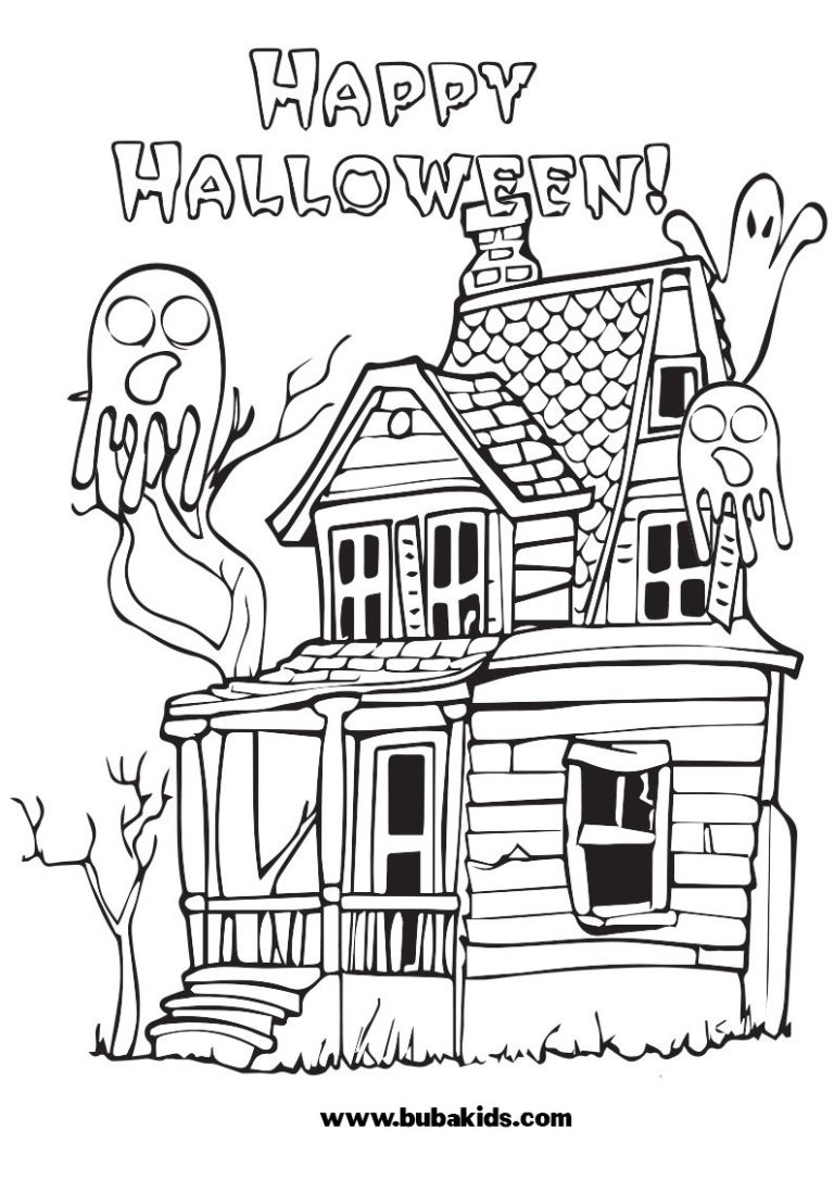 haunted house happy halloween coloring page for kids | BubaKids.com
