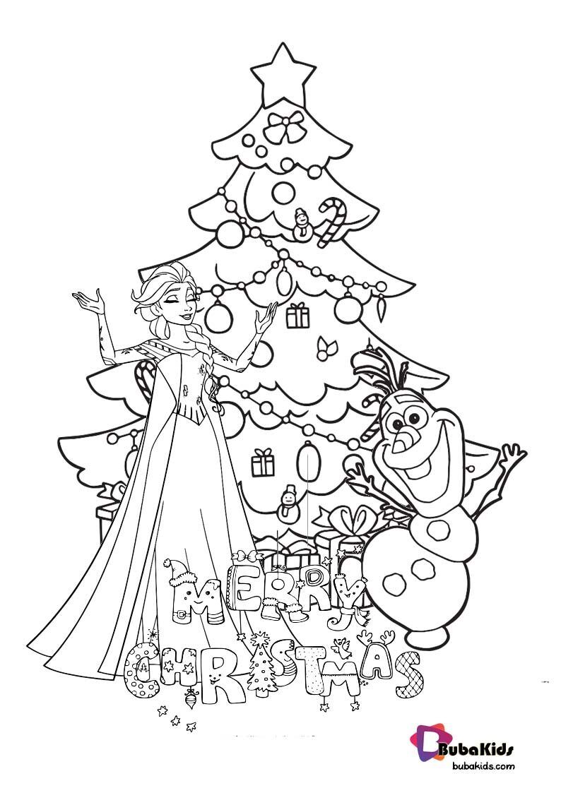 princess elsa and olaf merry christmas coloring page