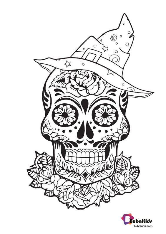 sugar skull with witch hat coloring page for kids