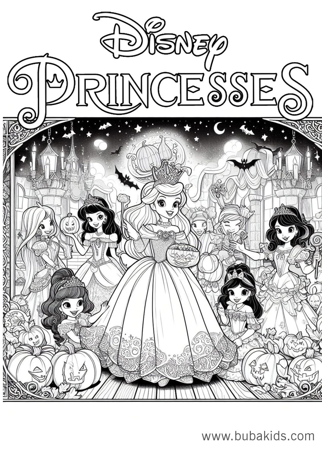 Disney Princess Halloween Trick or Treat Coloring Page