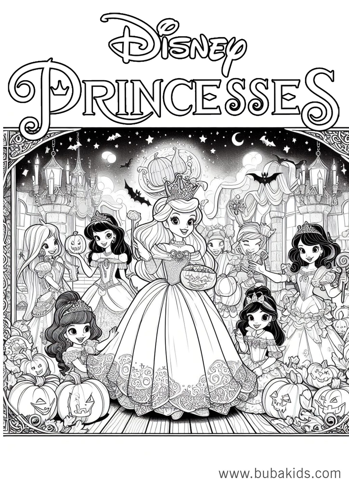 disney princesses halloween trick or treat coloring page | BubaKids.com